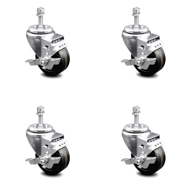 3.5 Inch Phenolic Wheel Swivel 10mm Threaded Stem Caster Set with Brake SCC
